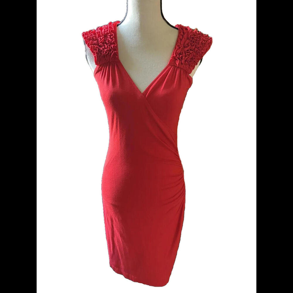 👗🔴Cache Dress Women Sz M Red Orange Sleeveless Faux Wrap Dress